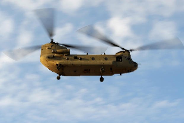 Army CH-47 Chinook departs from Kandahar Airfield, Afghanistan