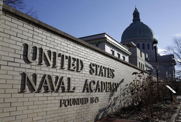 Sign outside of an entrance to the U.S. Naval Academy campus in Annapolis