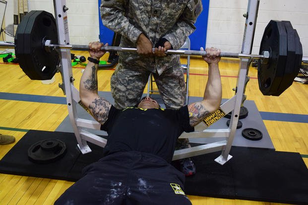 Bench press competition is held at Fort Stewart, Georgia.