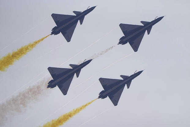 the "August 1st" Aerobatic Team of the Chinese People's Liberation Army (PLA) Air Force perform