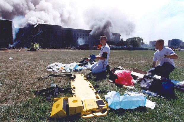 A triage team prepares to work, 11 September 2001.