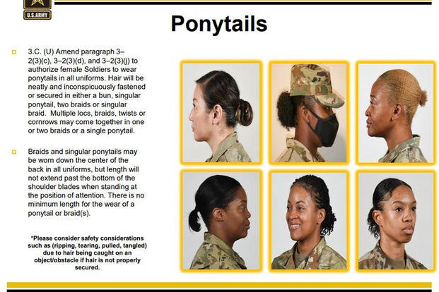 An Army-wide briefing on new hair regs for women shows the accepted styles of ponytails.