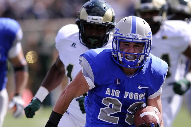 An Air Force football player scores against Colorado State.