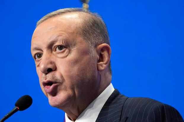 Turkey's president, Recep Tayyip Erdogan, speaks during a media conference at the G20 summit in Rome.