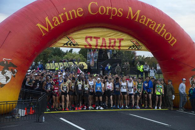 Runners line up for the start of the Marine Corps Marathon.