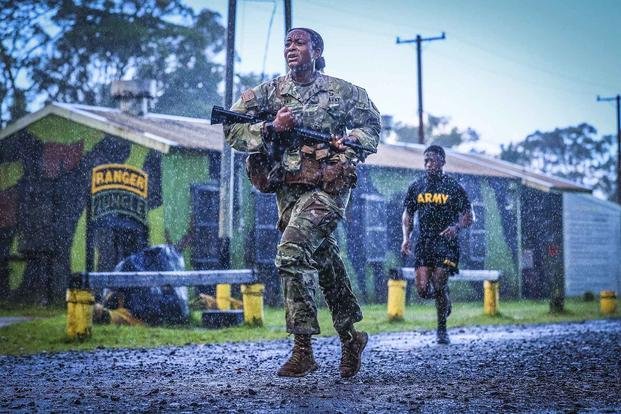 Soldiers complete a 5K in preparation for a jungle operations training course at Schofield Barracks, Hawaii.