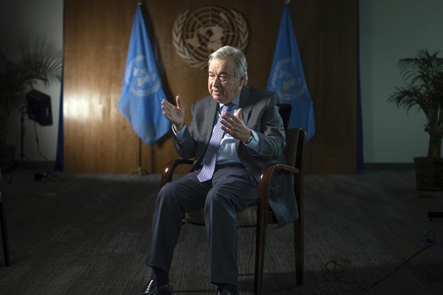 United Nations Secretary-General Antonio Guterres speaks during an interview.