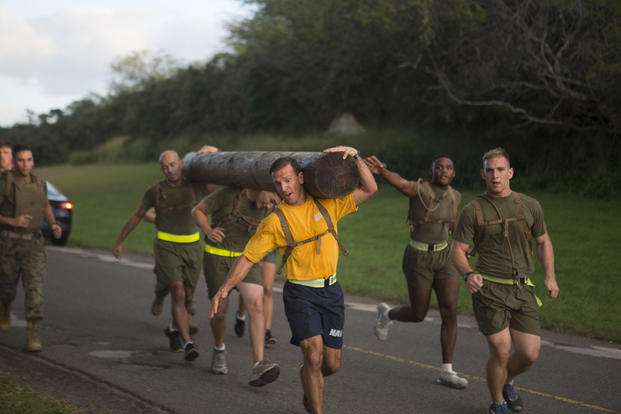 A sailor carries a log during a battalion physical training session.