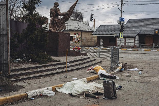 Dead bodies lay in the street in the town of Irpin, Ukraine.