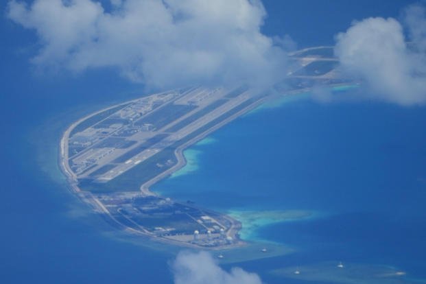 man-made island on Mischief Reef at the Spratlys group of islands in the South China Sea