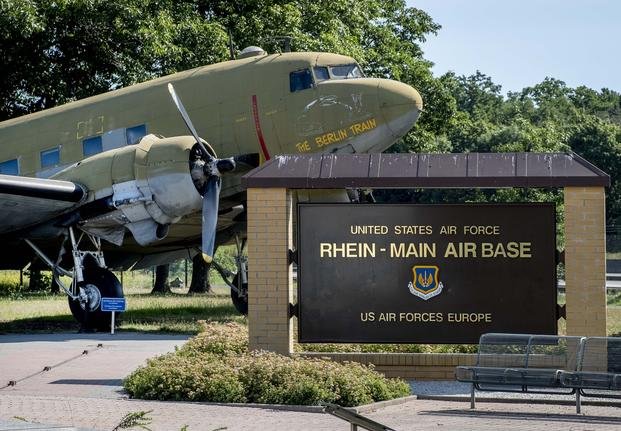 'raisin bomber' airplane from WW II is seen at the airlift memorial at the airport in Frankfurt