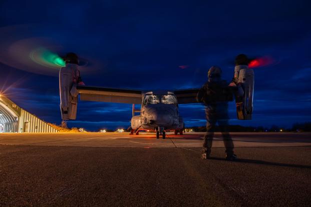 U.S. Marines prepare to taxi a MV-22B Osprey prior to flight at Norwegian Air Force Base Bodø.