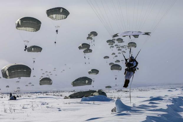 Army paratroopers jump during a forcible entry exercise in Alaska.