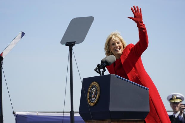 First lady Jill Biden speaks at a commissioning ceremony for USS Delaware