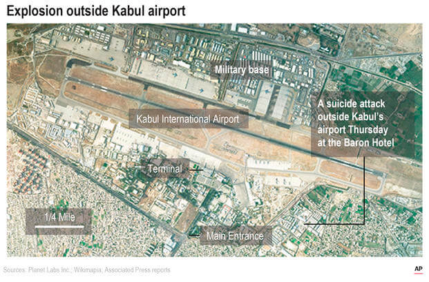 Satellite image shows Kabul International Airport and the location of an explosion near the Abbey Gate