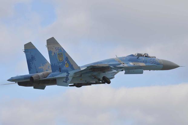 A Sukhoi Su-27 takes off from Starokostiantyniv Air Base, Ukraine.