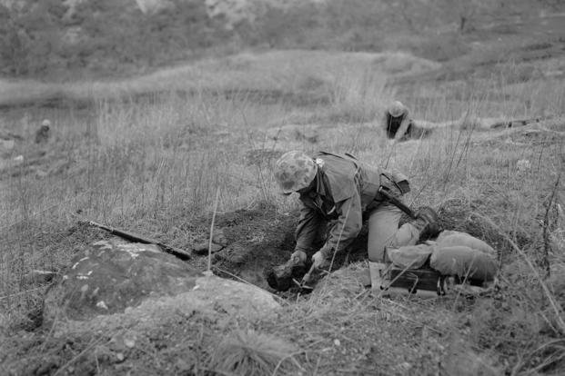 Leathernecks of the U.S. 1st marine division dig in at Paddy field in the Vegas Hill sector of the Korean western front.