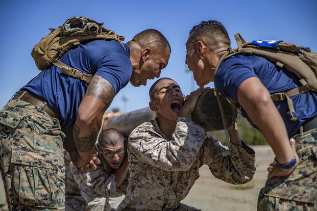 Marine recruits have ‘fun’ at the ‘beach’ in San Diego.