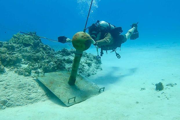 Explosive Ordnance Disposal Technician defuses inert training mines.