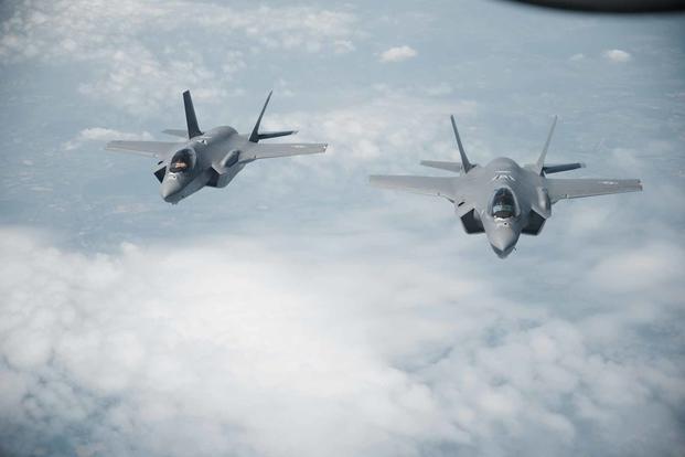 Two F-35s fly over the Baltic Sea region.