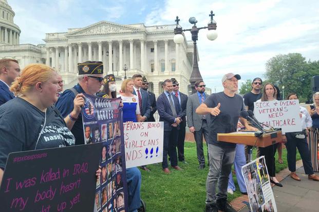 Comedian and veterans advocate Jon Stewart speaks at a press conference.