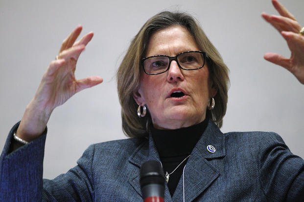 Kathryn Sullivan, the first American woman to walk in space and deputy administrator for the National Oceanic and Atmospheric Administration, gestures as she speaks in Norman, Oklahoma.