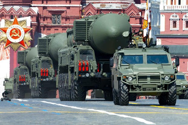  In this file photo taken on Wednesday, June 24, 2020, Russian RS-24 Yars ballistic missiles roll in Red Square during the Victory Day military parade marking the 75th anniversary of the Nazi defeat in Moscow. 
