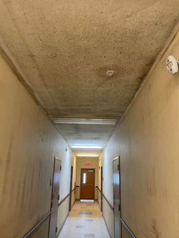 Mold on the ceiling and walls of a Fort Stewart barracks.