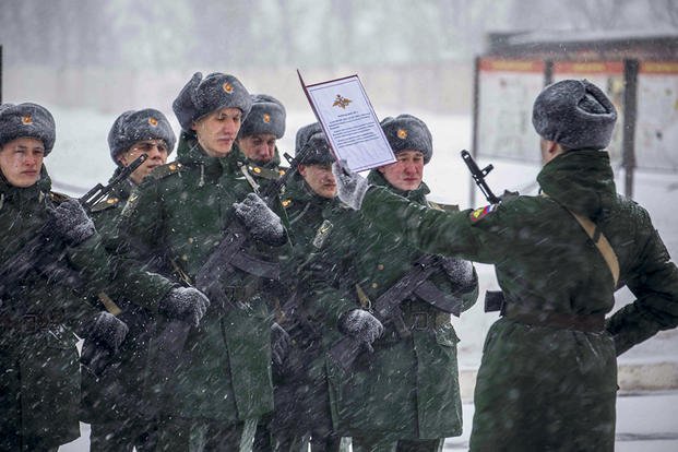 servicemen of the engineer-sapper regiment take the military oath in the Voronezh Region, Russia