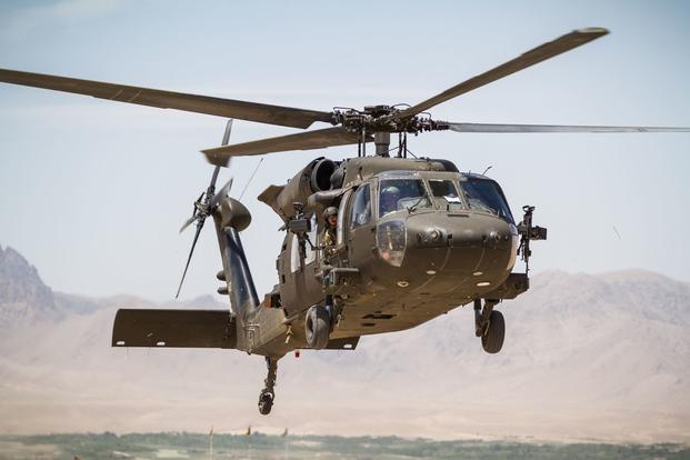 An Army UH-60 Black Hawk helicopter lands in Uruzgan Province, Afghanistan.