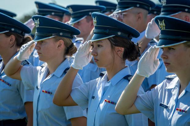 U.S. Air Force Academy cadets salute during the annual Acceptance Day Parade.
