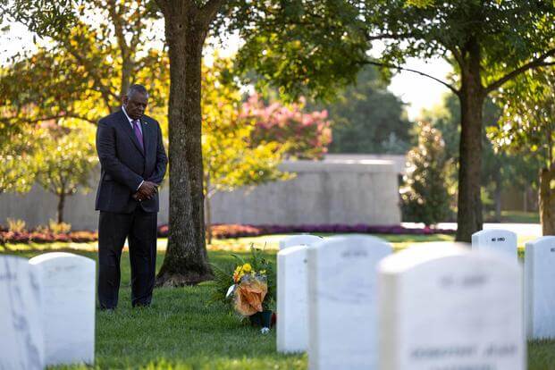 Defense Secretary Lloyd Austin pays respects at Arlington National Cemetery, Aug. 31, 2022. (U.S. Air Force Tech. Sgt. Jack Sanders/Department of Defense) Defense Secretary Lloyd Austin pays respects at Arlington National Cemetery.