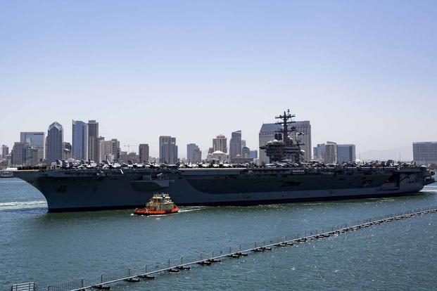 The aircraft carrier USS Nimitz departs Naval Air Station North Island.
