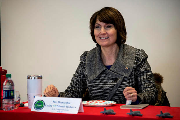 A bill introduced last week by Rep. Cathy McMorris Rodgers, shown in 2018 during a visit to Fairchild Air Force Base, would allow people with non-service-related amputations to join the military in medical roles. 