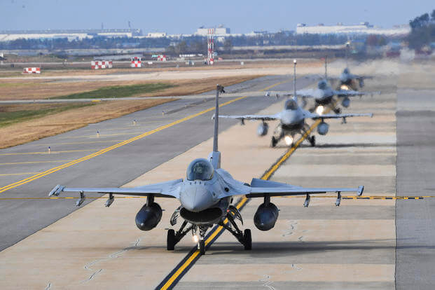 South Korean Air Forces' KF-16 fighters prepare to take off