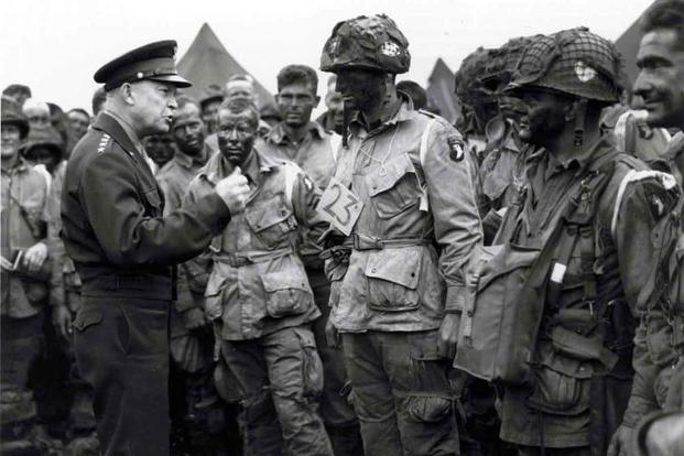 en. Dwight D. Eisenhower speaks to members of E Company.