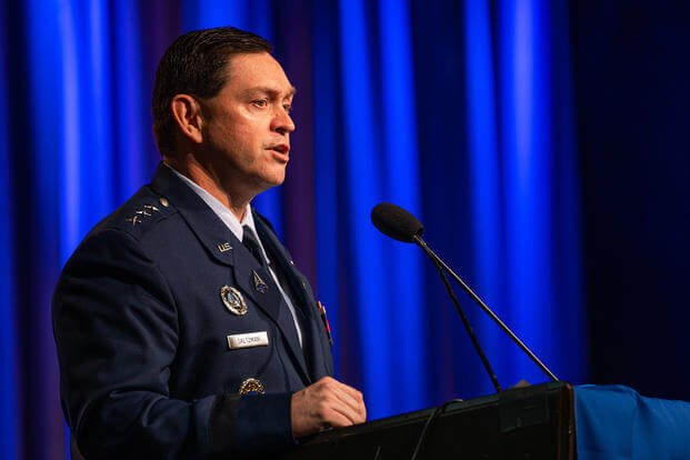 U.S. Space Force Lt. Gen. B. Chance Saltzman, deputy chief of space operations for Operations, Cyber and Nuclear, speaks during the seventh annual Air Force Association Schriever Space Futures Forum.