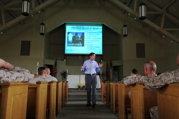 Jim Carman discusses ways to help service members transition into the private sector at the Marine Memorial Chapel on Camp Pendleton, Calif.
