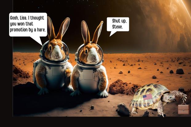 Bunnies in space suits envy tortoise who won the job