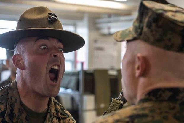 Drill Sergeant screaming at a cadet at full volume