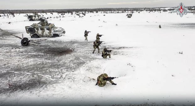 Russian soldiers take part in drills in Belarus.