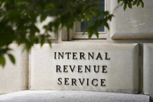 A sign hangs outside the Internal Revenue Service building in Washington.