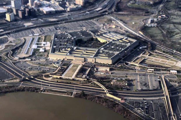 The Pentagon is seen in this aerial view made through an airplane window in Washington