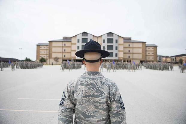 Air Force training instructor practices for the graduation parade ceremony.