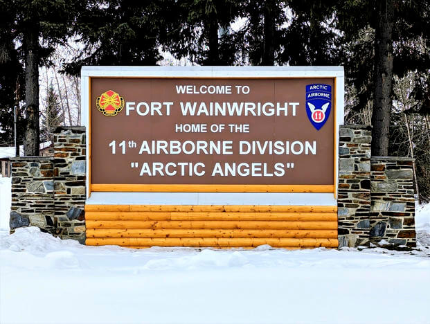 sign at the main entry point to U.S. Army Garrison Alaska Fort Wainwright