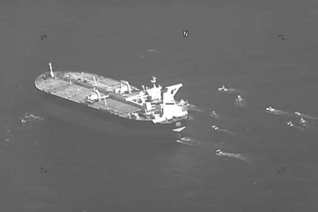 Panama-flagged oil tanker Niovi surrounded by Iranian Revolutionary Guard vessels