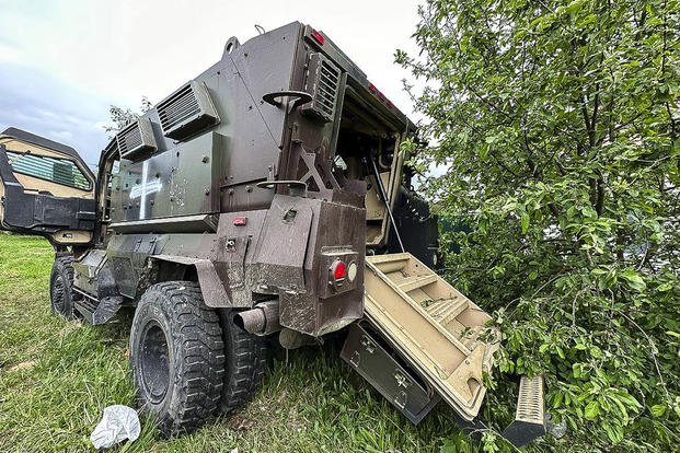 damaged armored military vehicle is seen after fighting in Russia's western Belgorod region