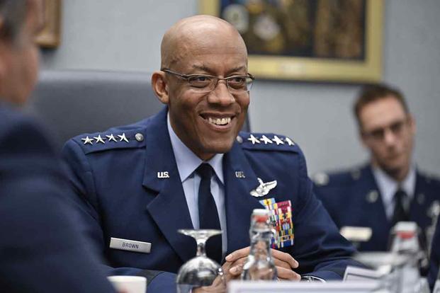 Gen. CQ Brown, Jr. speaks during a meeting at the Pentagon.