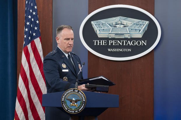 Pentagon spokesman U.S. Air Force Brig. Gen. Patrick Ryder arrives for a media briefing