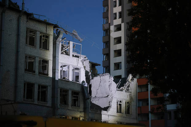 building damaged by a drone, that was shot down during a Russian overnight strike, in Kyiv, Ukraine